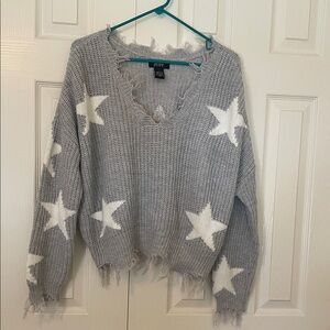 Women's Gray V-Neck Sweater with White Stars